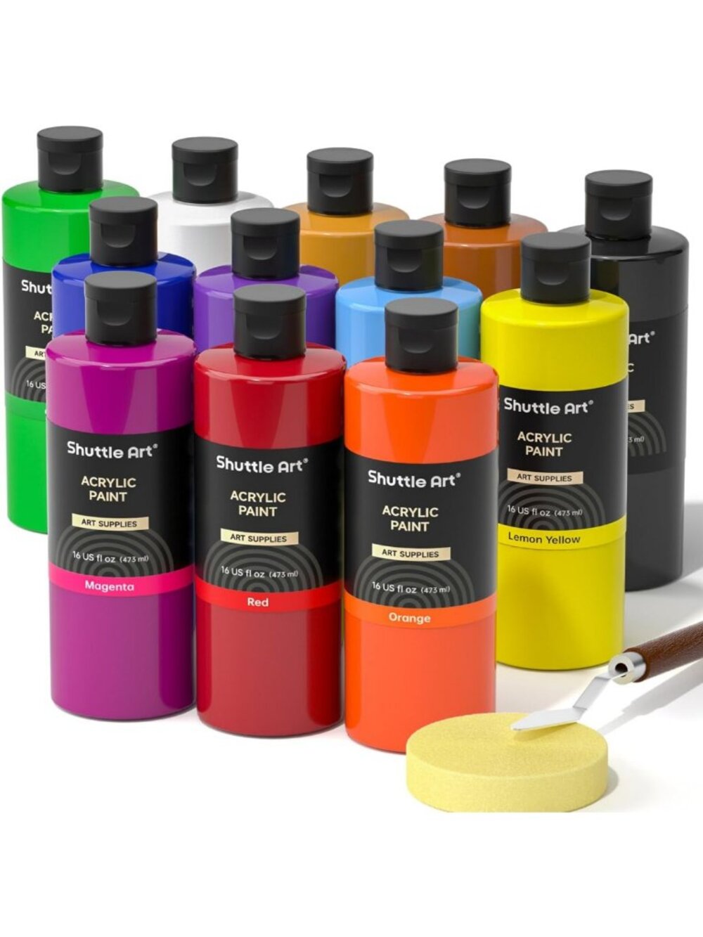 Vibrant Acrylic Paint Set - 12 Large Bottles, 16oz Each, Rich Pigments for Art